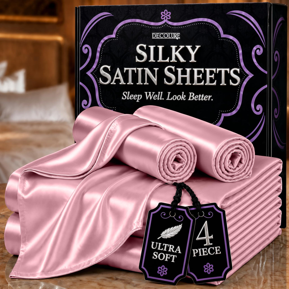 DECOLURE Satin Sheets Queen Size | Softer Than Silk | Luxury 4 Pc Bed Set