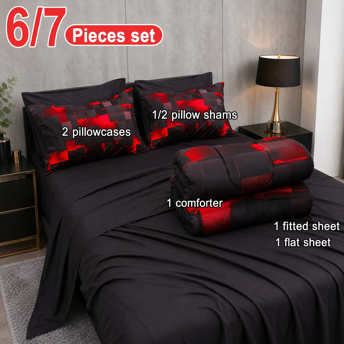 [Weekly Deal] 3/6/7Pcs Geometric Plaid Comforter Set – Modern Blue Cyber Grid Print, All Season Lightweight Bedding with fit Sheets, Soft Breathable Microfiber for Bedroom Dorm mid year sale