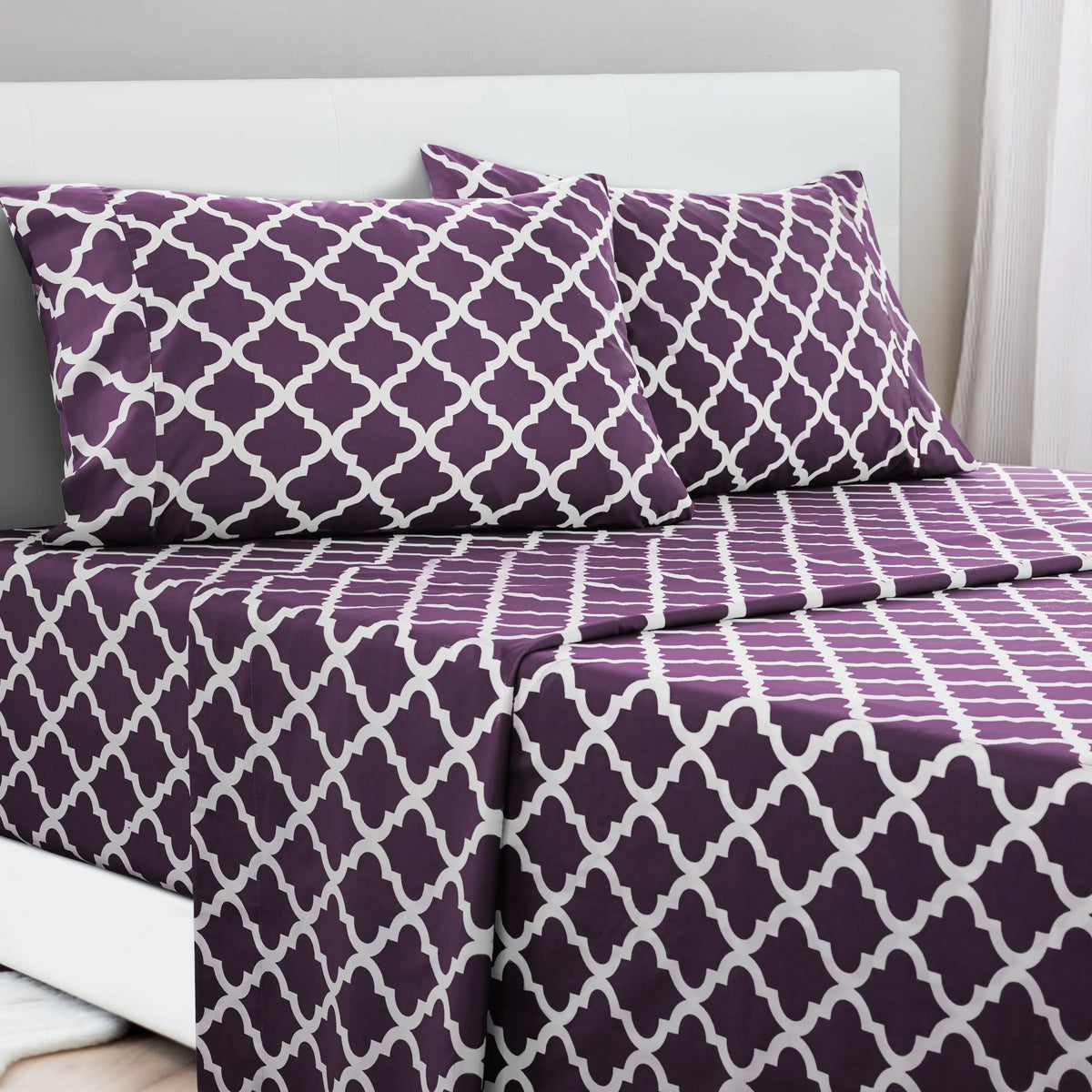 LDC Lux Decor Collection 4-Piece Soft Breathable Decorative Bedsheet Set - 16" Deep Pocket, Floral Bedding, Embroidered Pillowcases, Quatrefoil Design, Fade-Resistant for Long Use, Breathable Warm, Fits Queen/King/California King