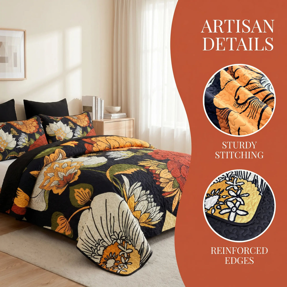 2/3PC Oil Painting Vintage Floral Quilt Set – Black Background Large Floral Print, Ultra-Soft Breathable Bedding, All-Season Machine Washable for Bedroom Dorm Cozy Vibe