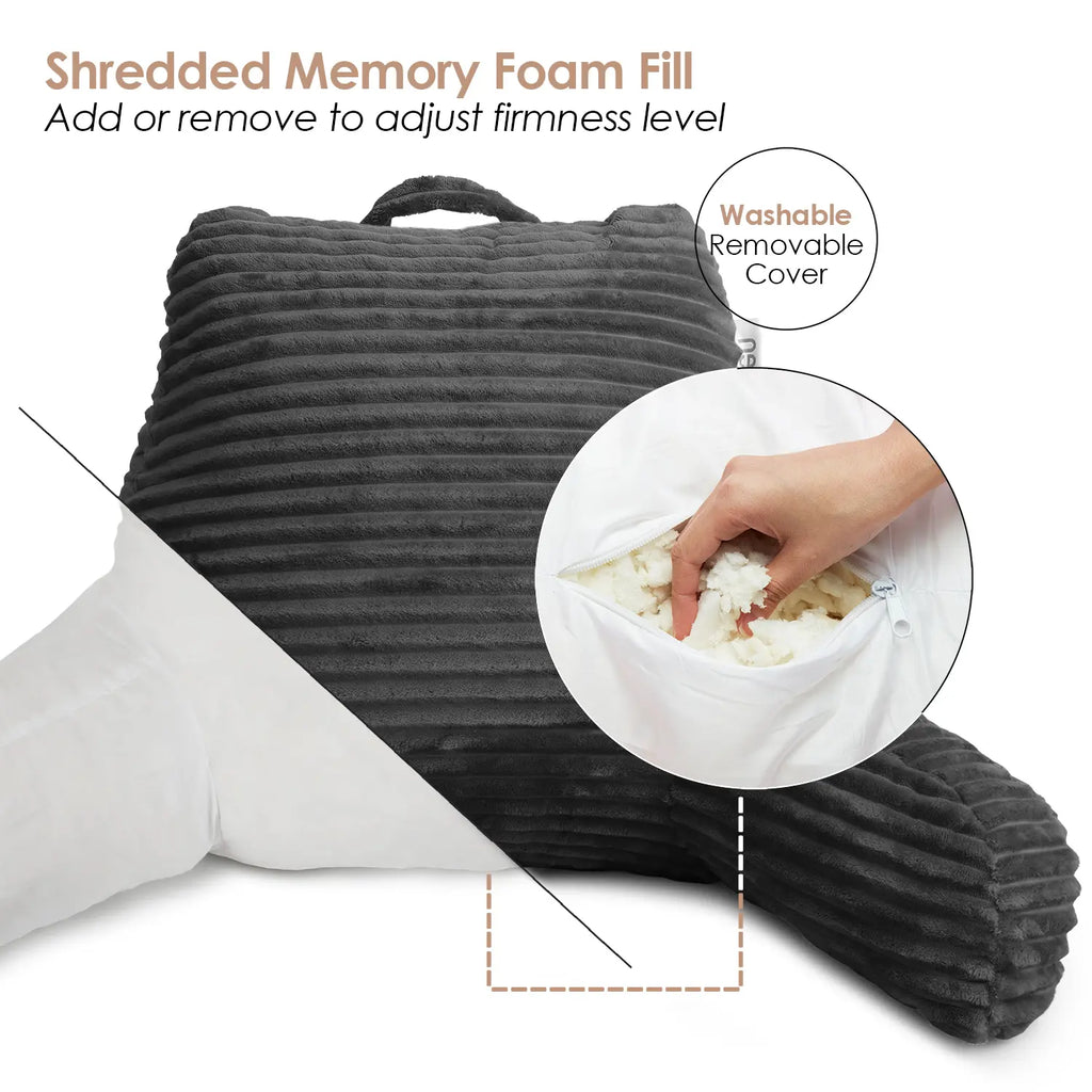 NESTL 3D Shaped Reading Pillow for Bed & Home - Contoured Durable Shredded Memory Foam Back Pillow with Arms, 3 Pockets, Plush Cover, Adjustable Support, Custom Firmness, Handle to Carry, Arms Stay Elevated