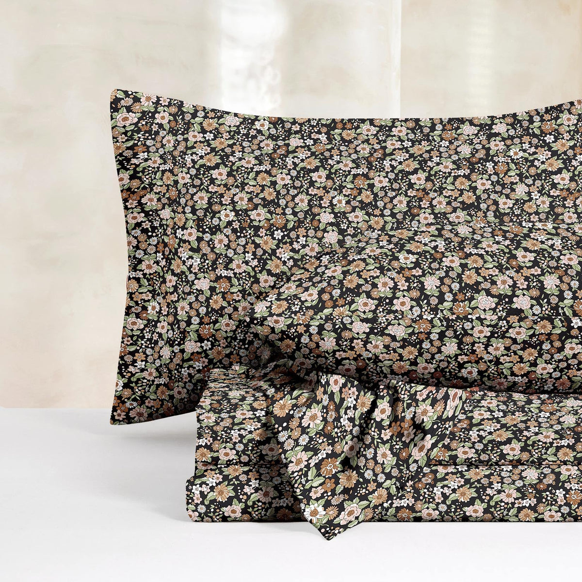 Wake In Cloud - Floral Bed Sheets, 4-Piece Sheet Set, Shabby Chic Flower Pattern Printed Country Coquette Cottage Aesthetic Bedding, Deep Pocket, Olive Green, King Size
