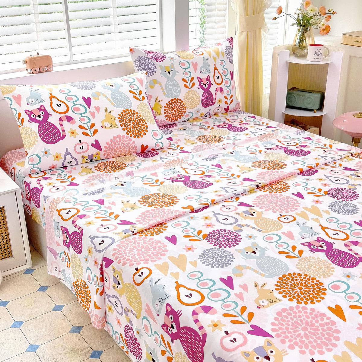 Full Sheet Set Kids - Pink Check 4 Pieces Soft Microfiber Cartoon Style Bedsheets for Boys Girls Teens, Oeko TEX Breathable 15 Inch Deep Pocket Sheets(Pink Bow)