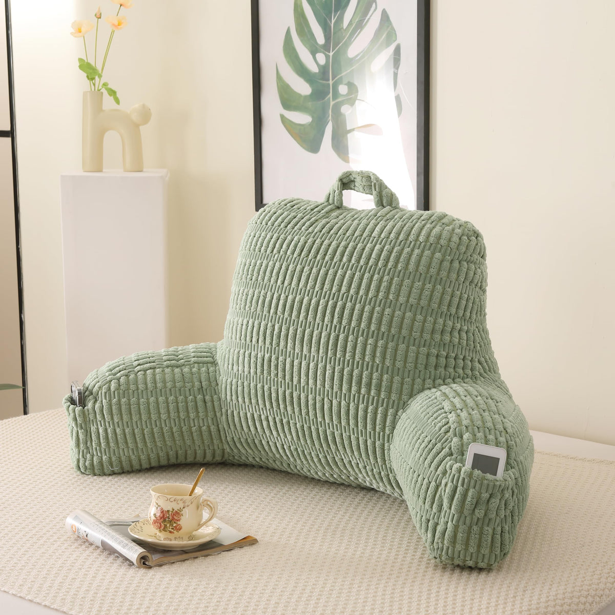 Reading Pillow for Sitting in Bed with Arm,White Corduroy, M