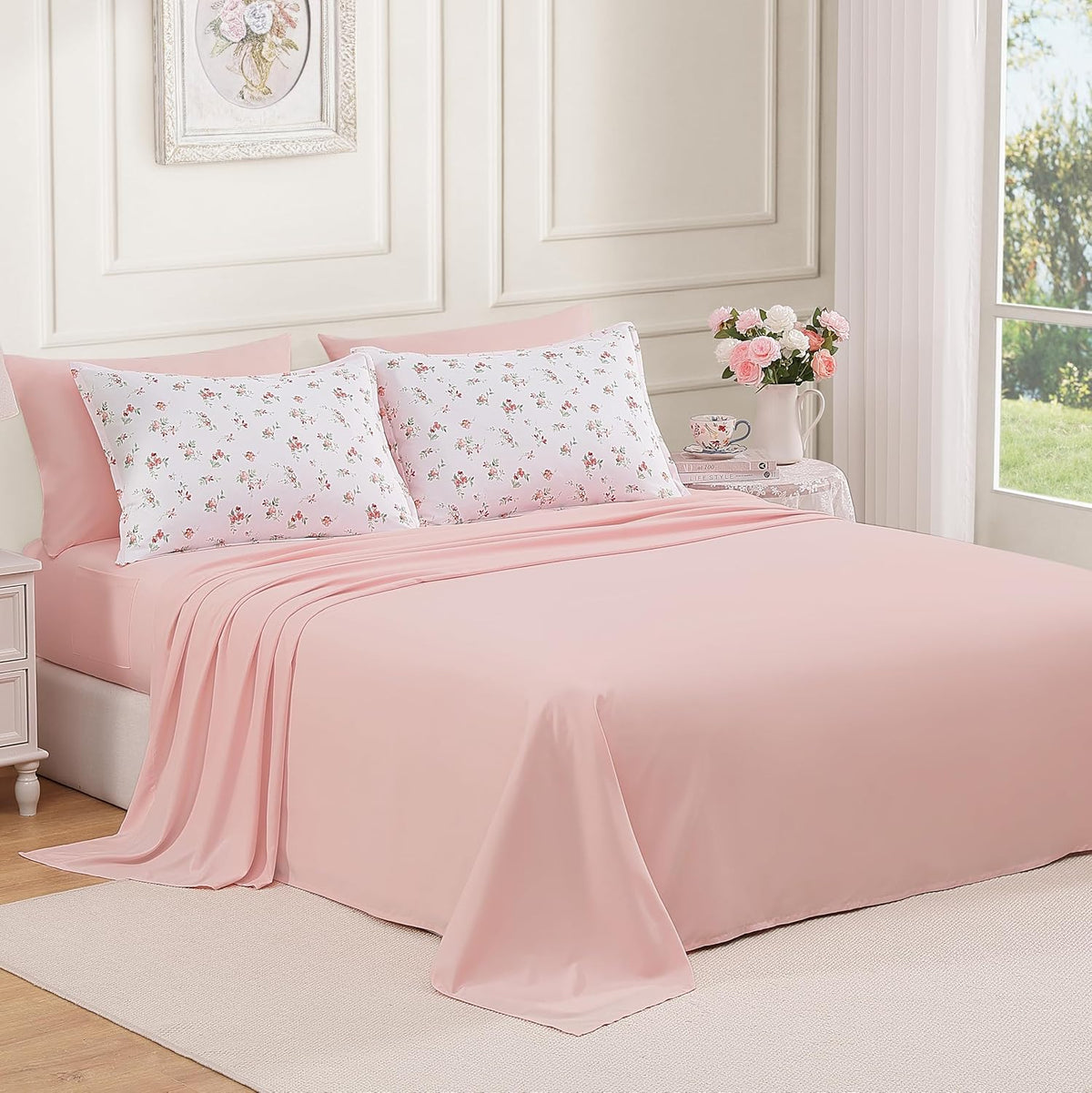 Andency Floral Twin Comforter Set, 5 Pieces Cute Pink Coquette Bedding