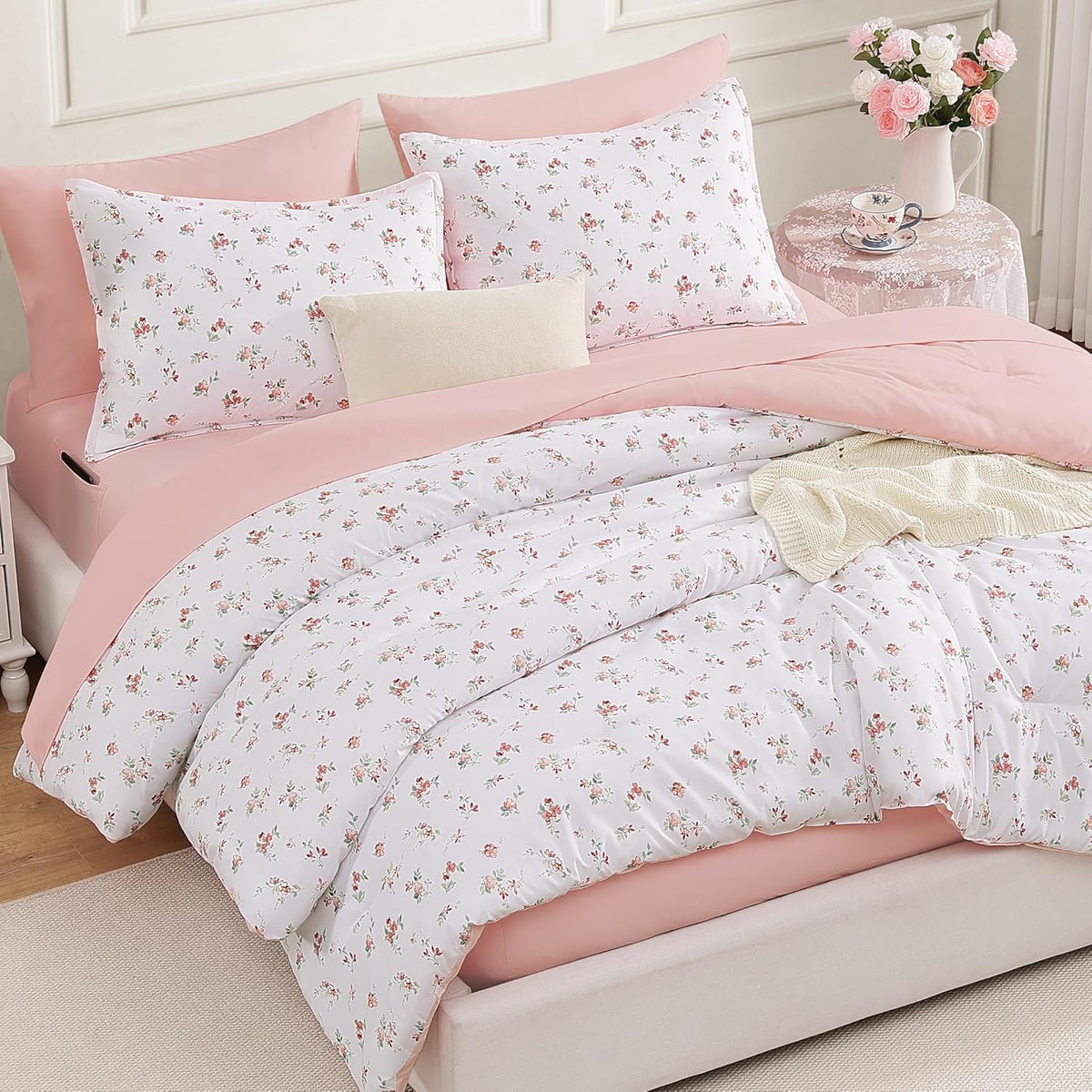Andency Floral Twin Comforter Set, 5 Pieces Cute Pink Coquette Bedding
