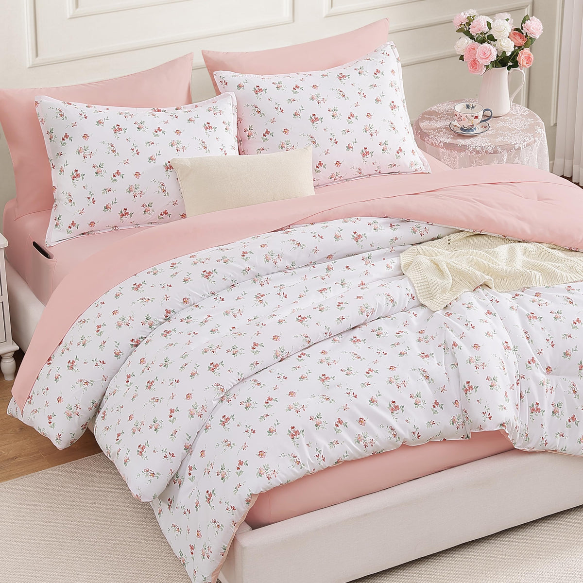 Andency Floral Twin Comforter Set, 5 Pieces Cute Pink Coquette Bedding