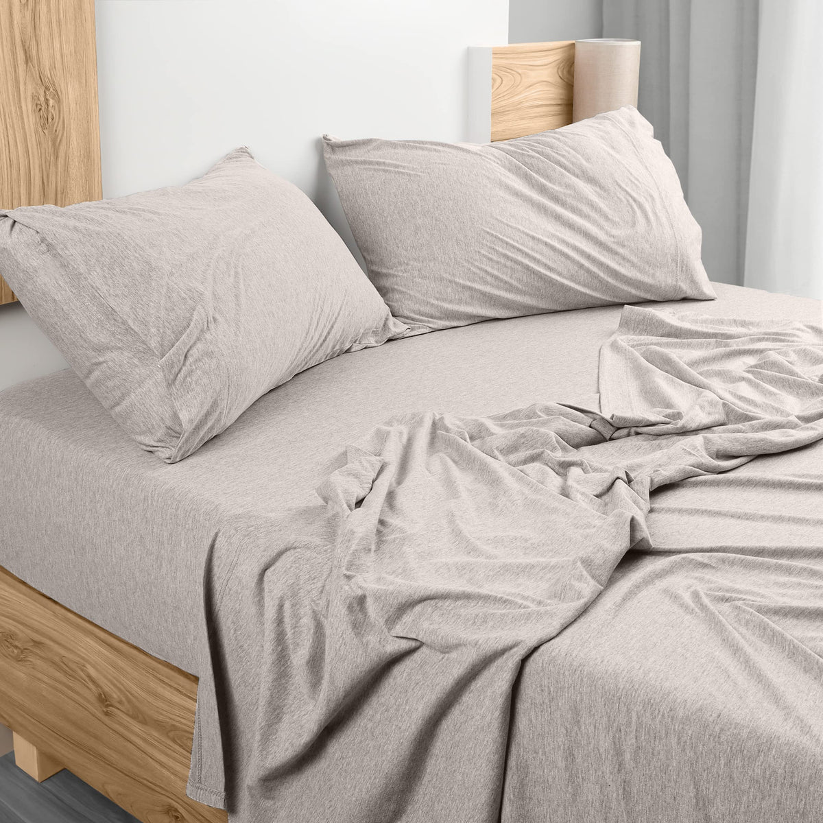 Jersey Knit Sheets 4 Piece, Cotton T-Shirt Feel, Queen, Heather Light Grey