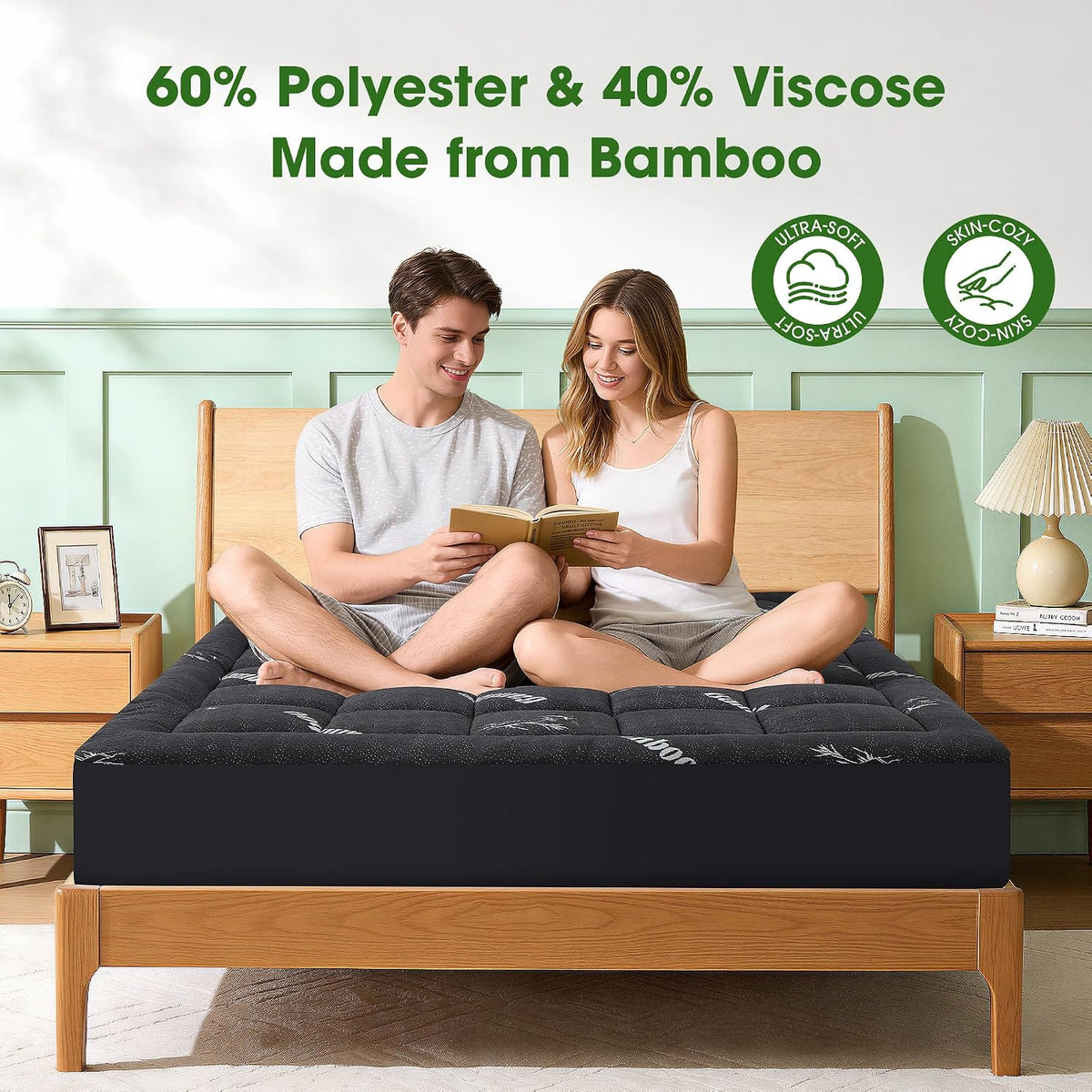 Mattress Pad Queen Size, Cooling Pillow Top Mattress Topper, Ultra Soft Viscose from Bamboo, Breathable for Hot Sleepers, Deep Pocket 8"-20", Black