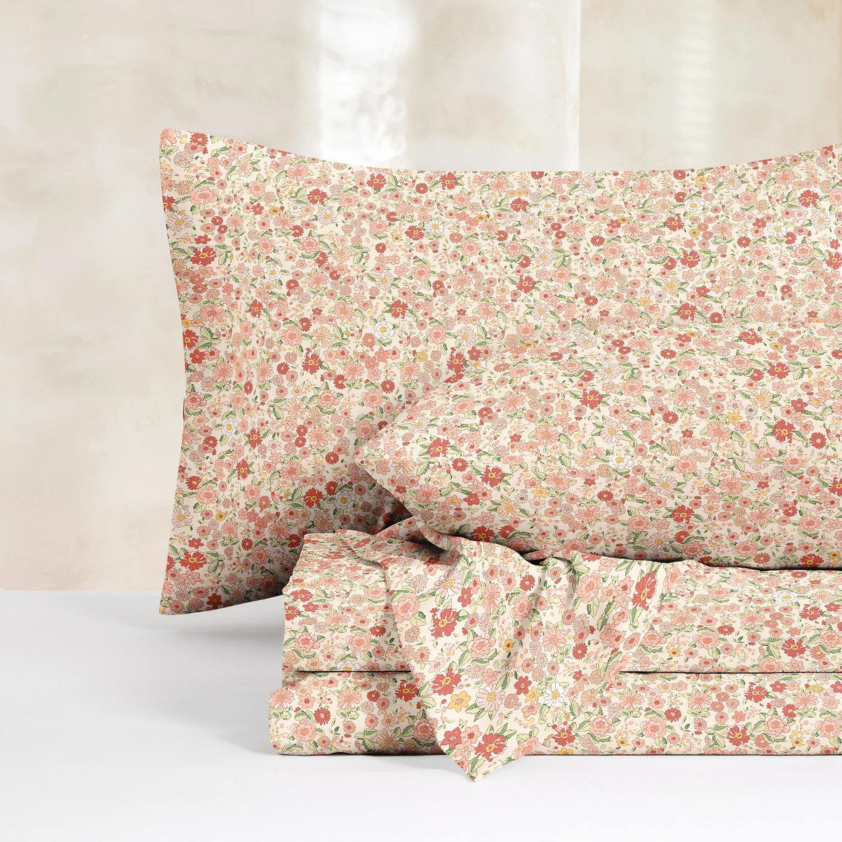 Wake In Cloud - Floral Bed Sheets, 4-Piece Sheet Set, Shabby Chic Flower Pattern Printed Country Coquette Cottage Aesthetic Bedding, Deep Pocket, Olive Green, King Size