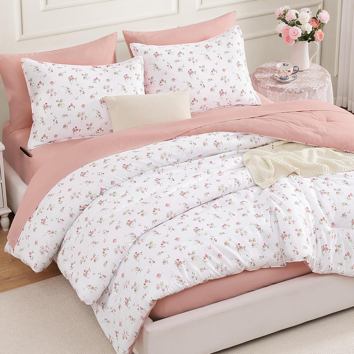Andency Floral Twin Comforter Set, 5 Pieces Cute Pink Coquette Bedding