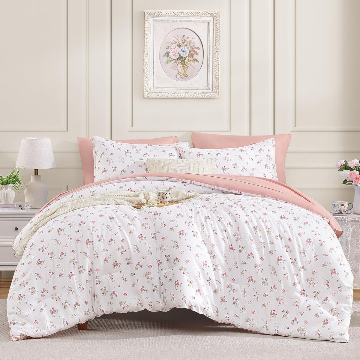 Andency Floral Twin Comforter Set, 5 Pieces Cute Pink Coquette Bedding