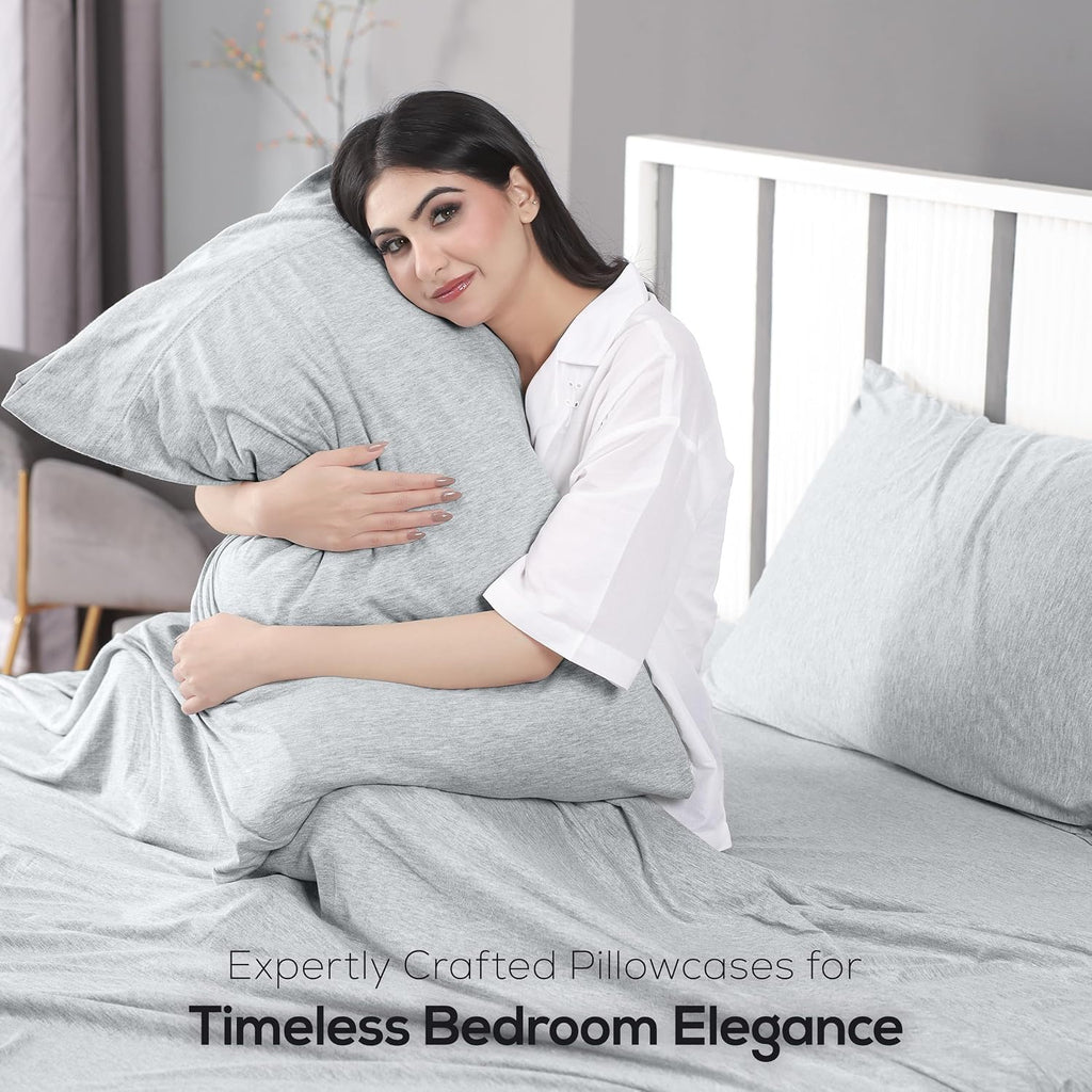 Jersey Knit Sheets 4 Piece, Cotton T-Shirt Feel, Queen, Heather Light Grey