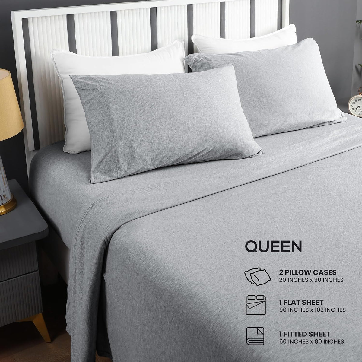 Jersey Knit Sheets 4 Piece, Cotton T-Shirt Feel, Queen, Heather Light Grey
