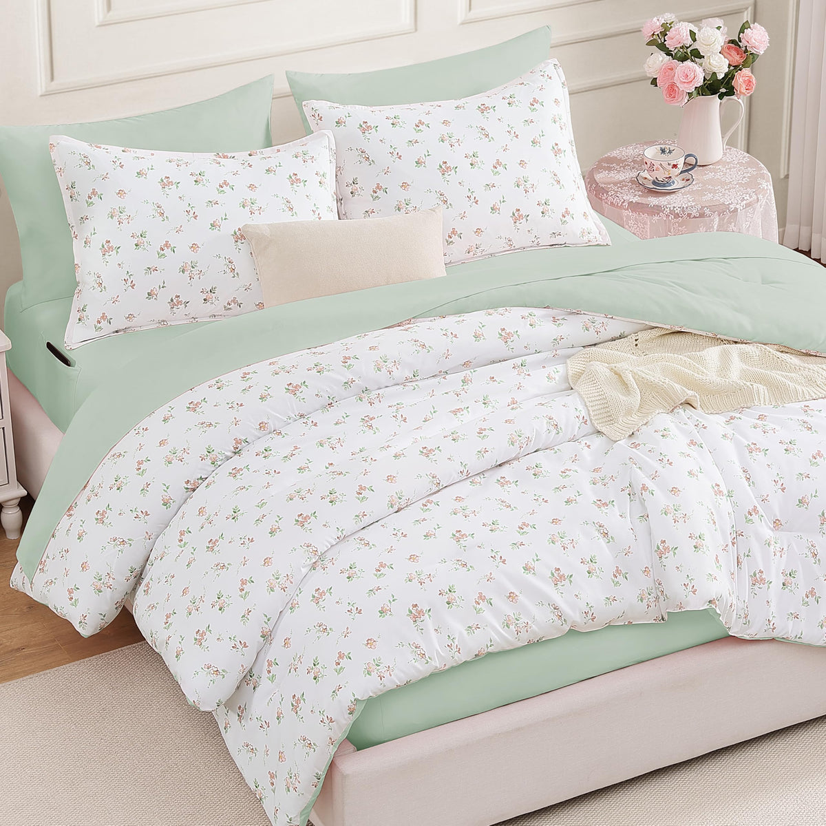 Andency Floral Twin Comforter Set, 5 Pieces Cute Pink Coquette Bedding