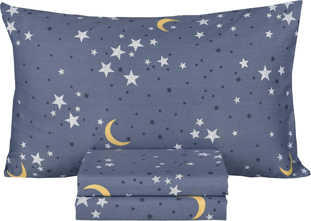 Scientific Sleep Moon & Stars Boys Girls 100% Cotton 3 Pcs Twin Bed Sheet Set Kids Toddler Teen, Flat Sheet & Fitted Sheet & Pillowcase Kids Bedding Set