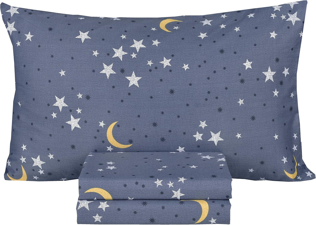 Scientific Sleep Moon & Stars Boys Girls 100% Cotton 3 Pcs Twin Bed Sheet Set Kids Toddler Teen, Flat Sheet & Fitted Sheet & Pillowcase Kids Bedding Set