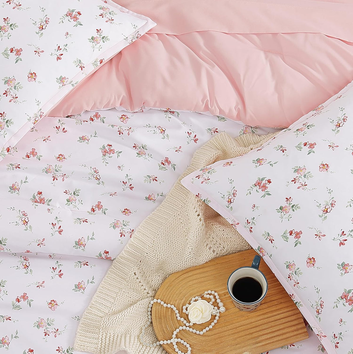 Andency Floral Twin Comforter Set, 5 Pieces Cute Pink Coquette Bedding