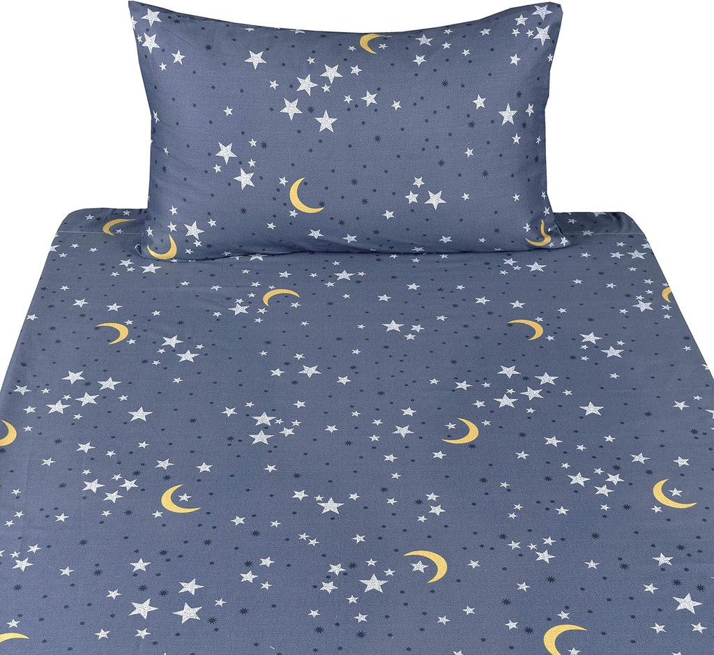 Scientific Sleep Moon & Stars Boys Girls 100% Cotton 3 Pcs Twin Bed Sheet Set Kids Toddler Teen, Flat Sheet & Fitted Sheet & Pillowcase Kids Bedding Set