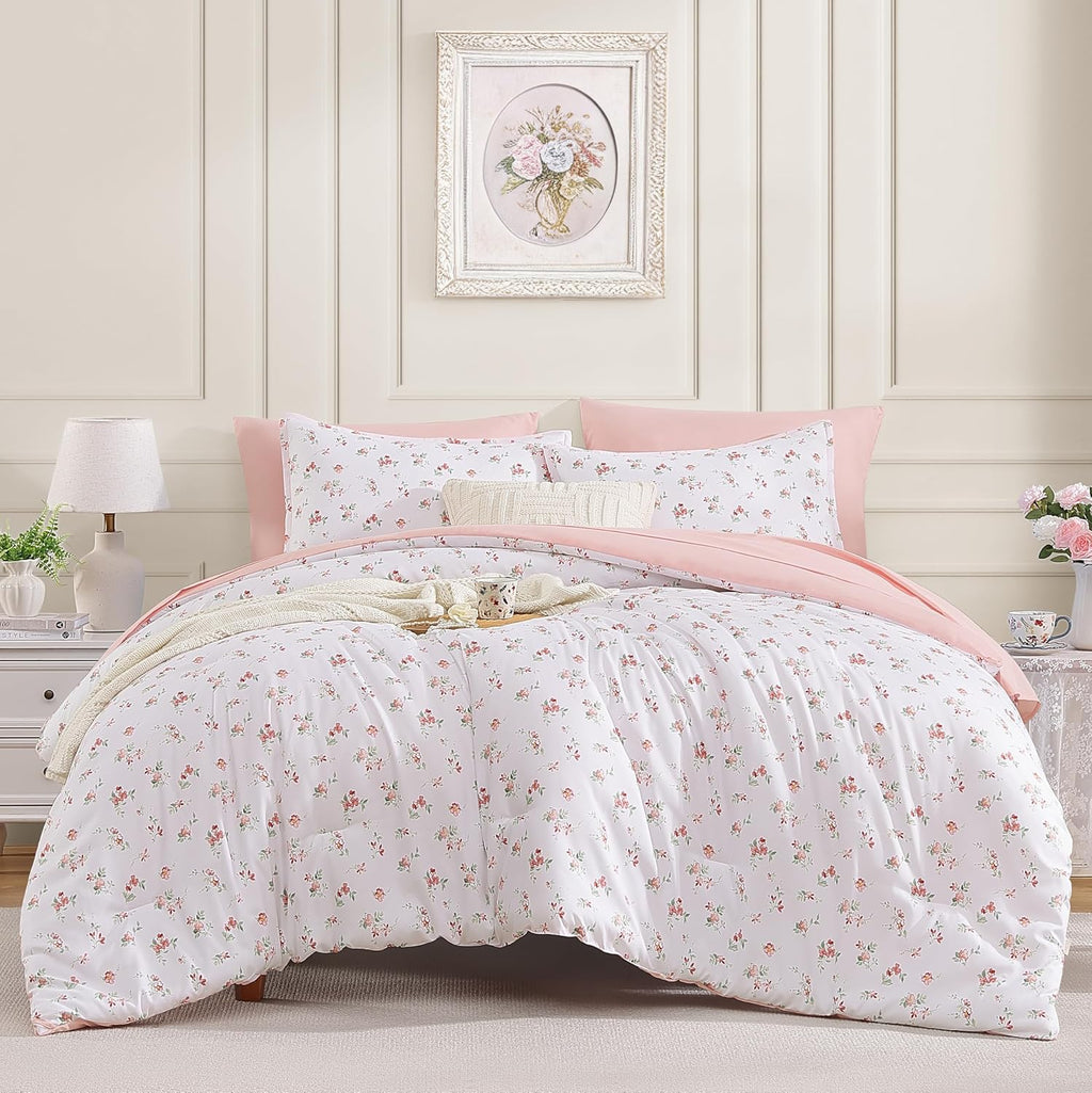 Andency Floral Twin Comforter Set, 5 Pieces Cute Pink Coquette Bedding