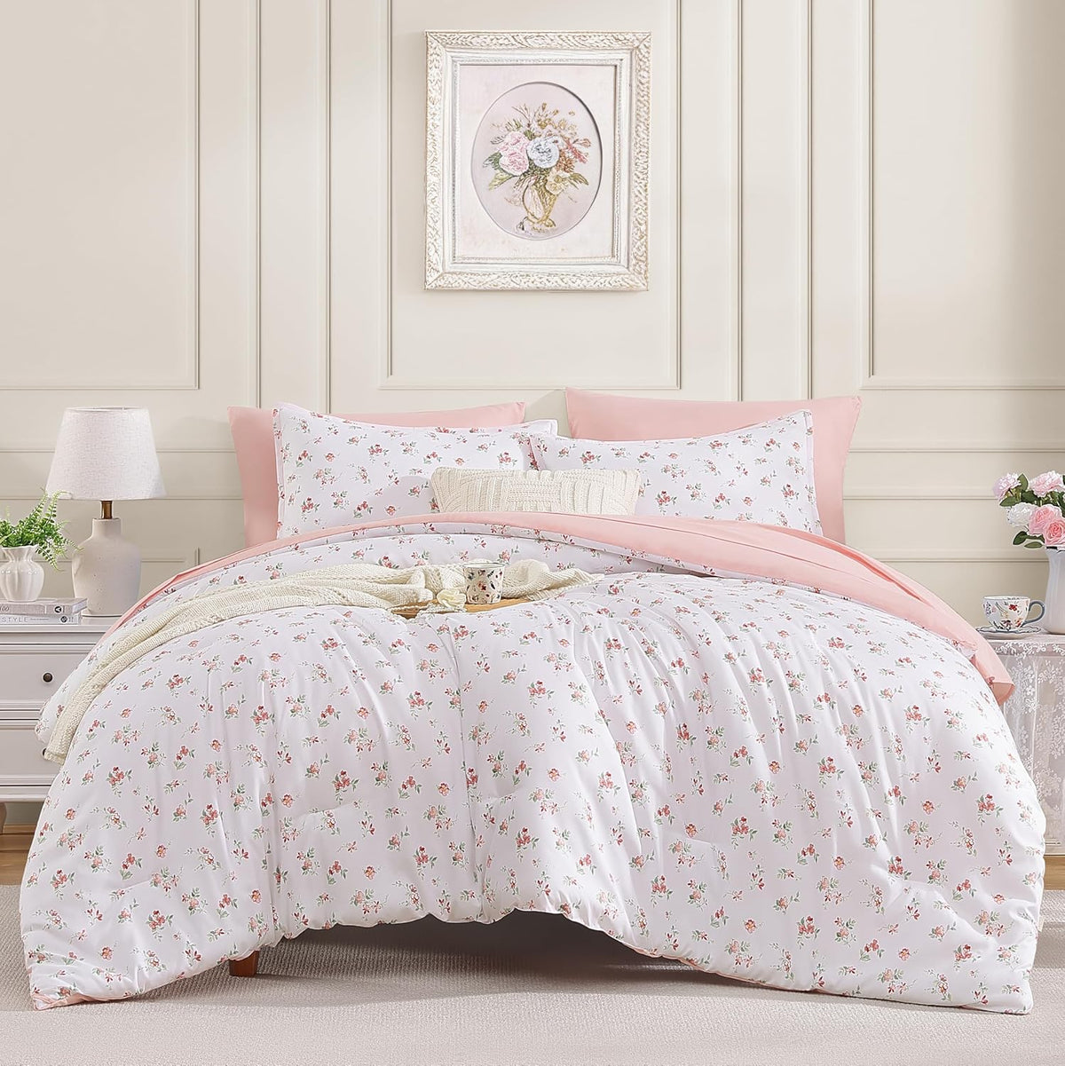 Andency Floral Twin Comforter Set, 5 Pieces Cute Pink Coquette Bedding
