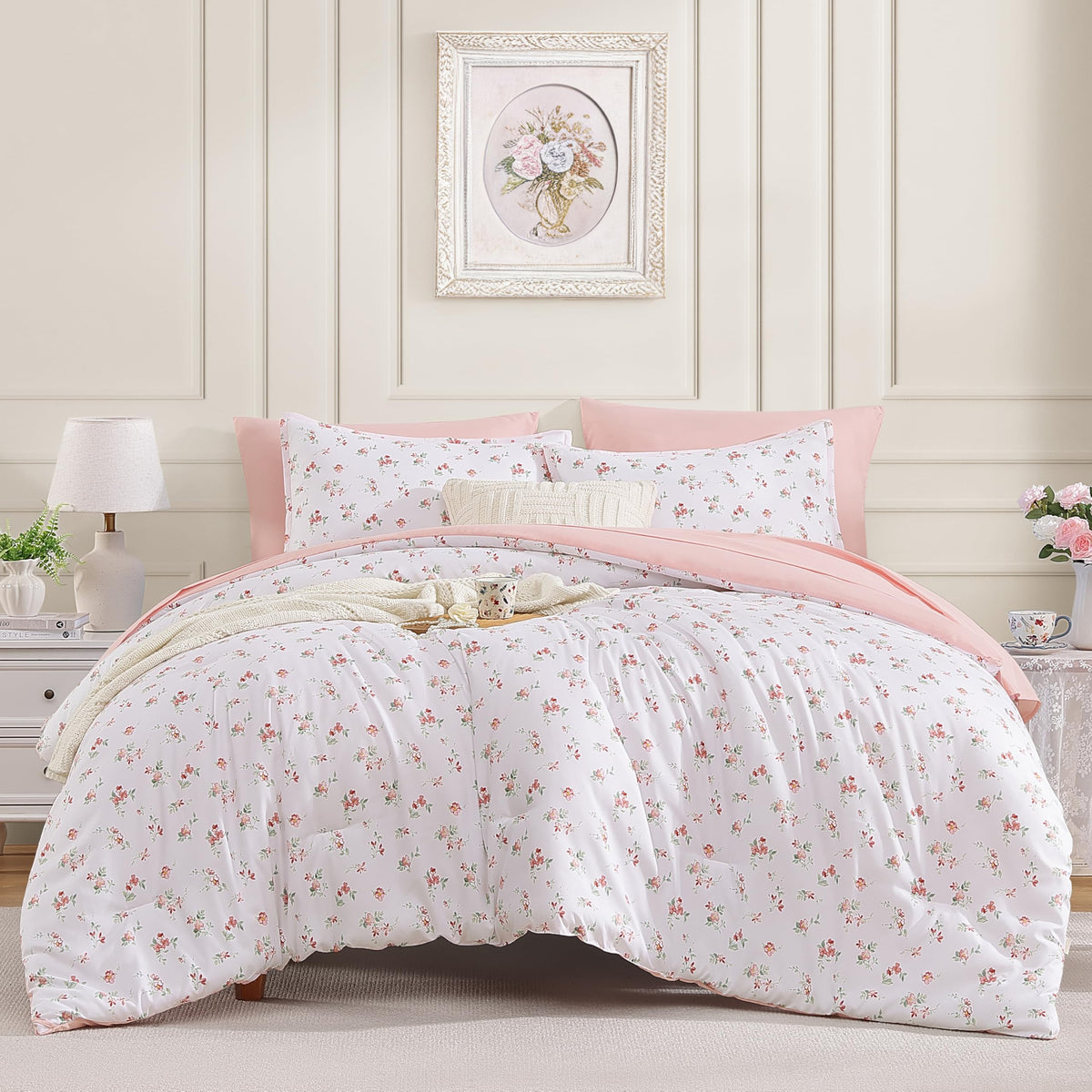 Andency Floral Twin Comforter Set, 5 Pieces Cute Pink Coquette Bedding