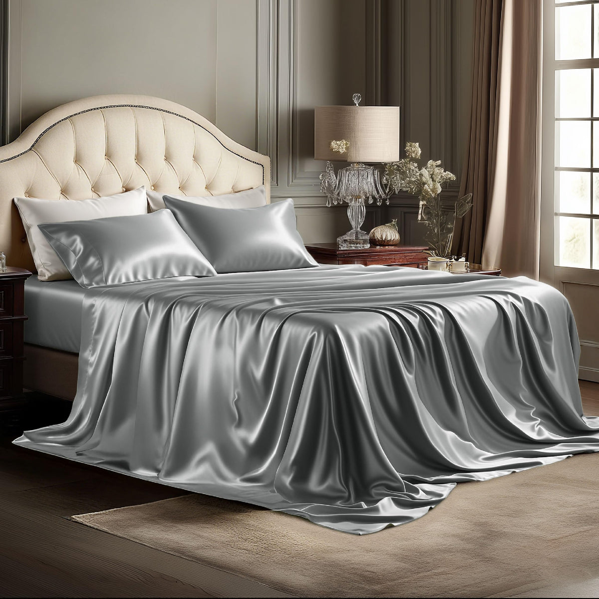 Bedsure Black Satin Sheets Queen Size, Soft Silky Bedsheet for Hair & Skin