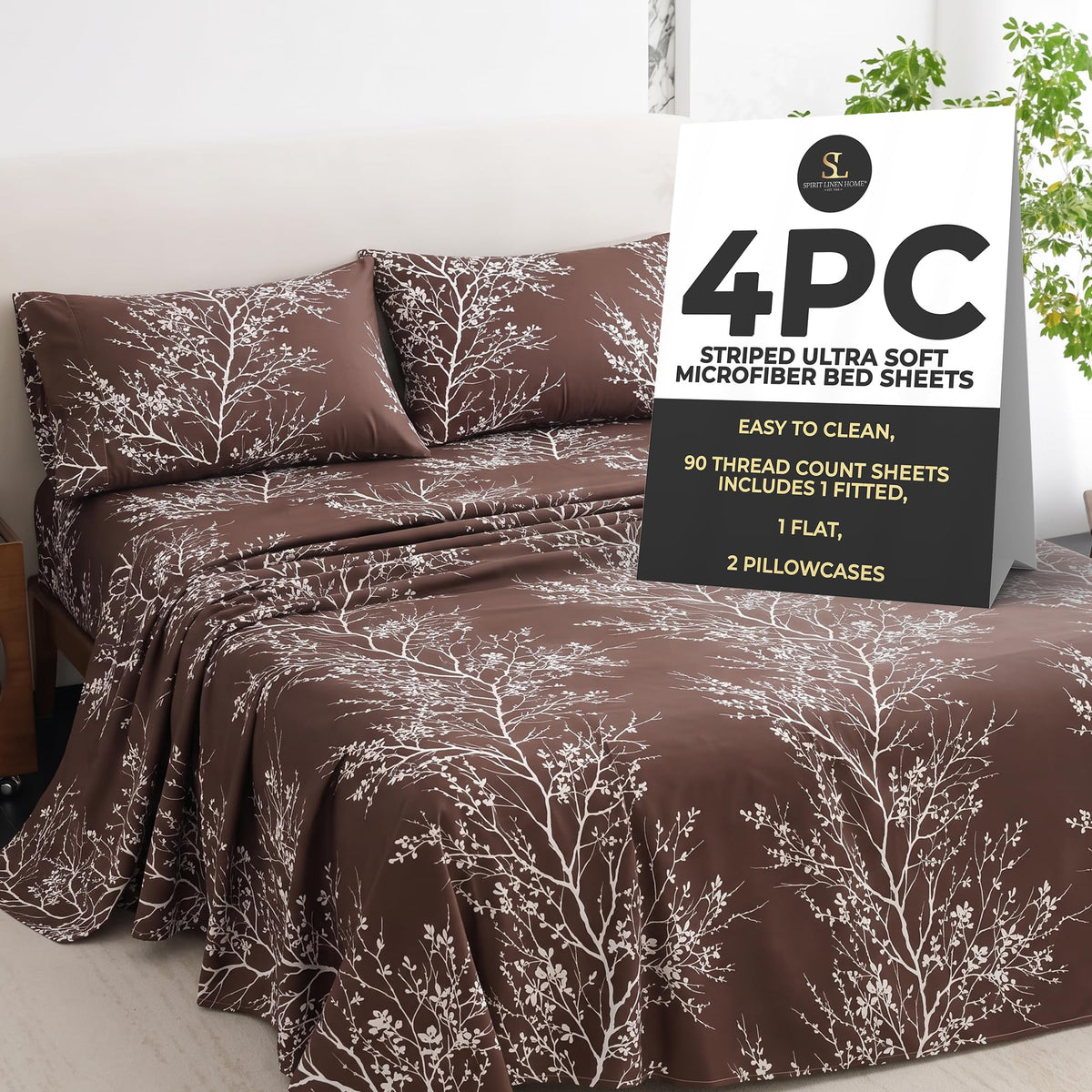 Home 4-Piece Elegant Soft Bed Sheet Set - King, Hunter/White
