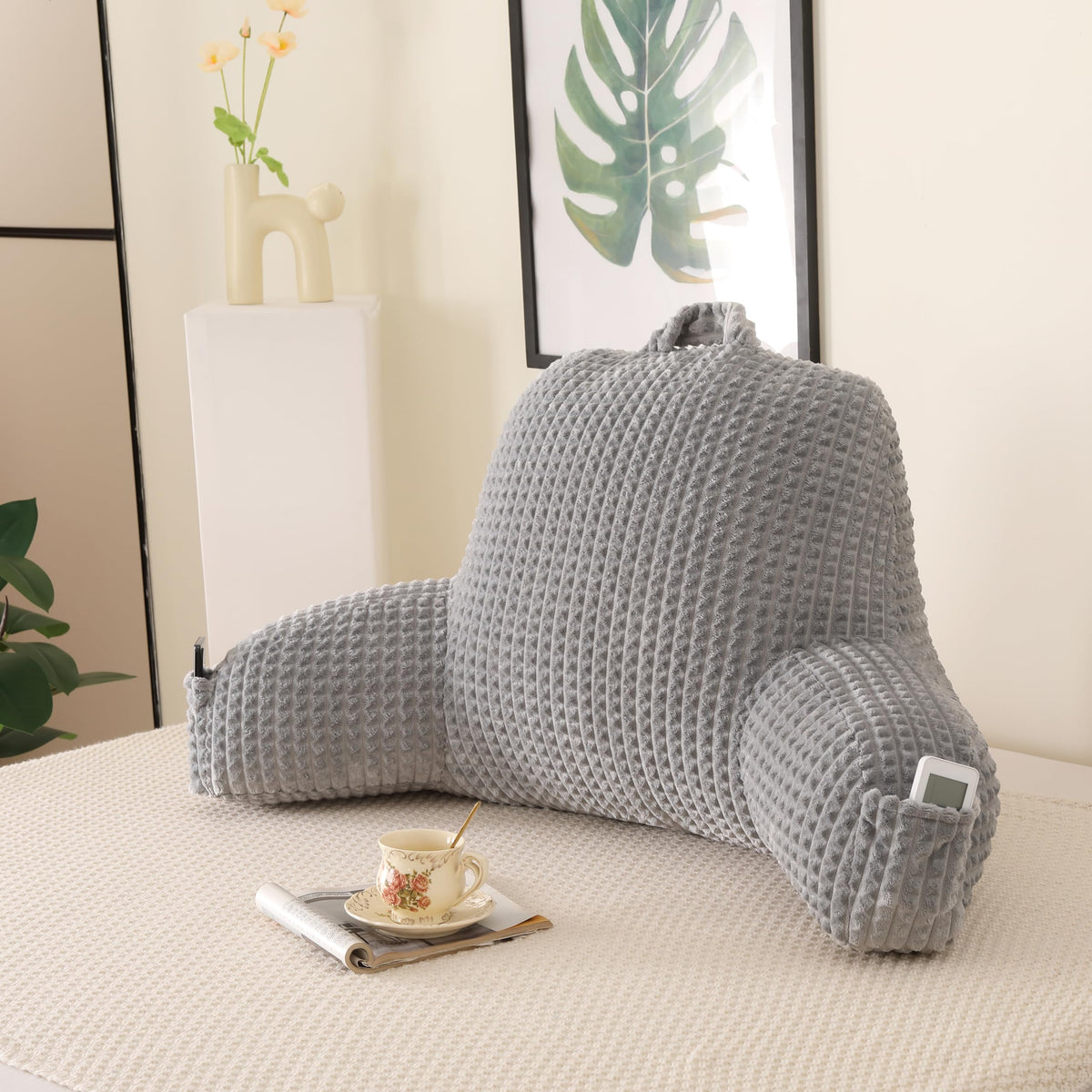 Reading Pillow for Sitting in Bed with Arm,White Corduroy, M
