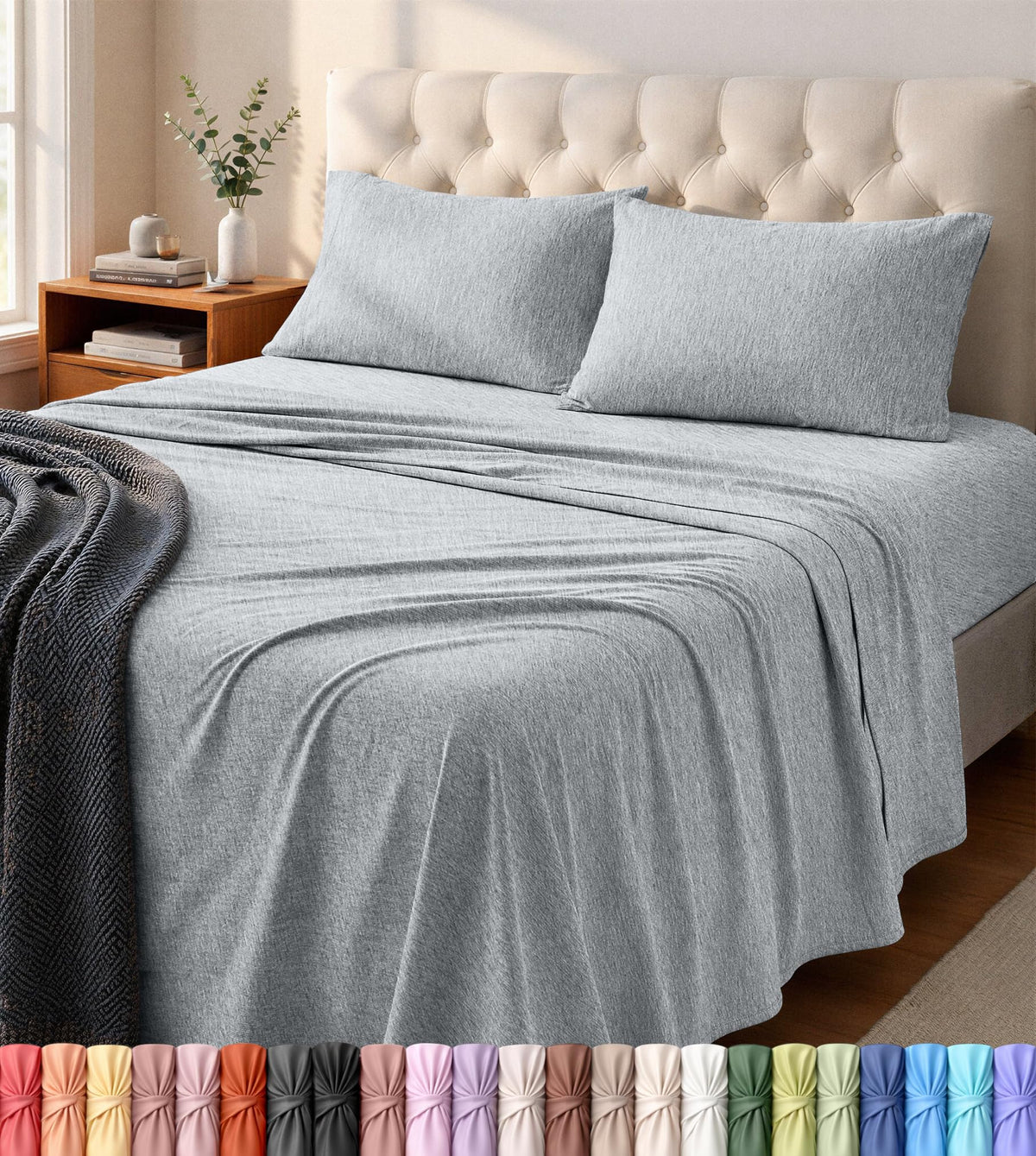 Jersey Knit Sheets 4 Piece, Cotton T-Shirt Feel, Queen, Heather Light Grey