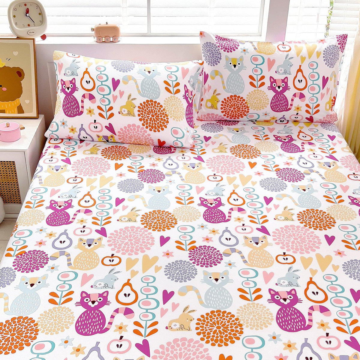 Full Sheet Set Kids - Pink Check 4 Pieces Soft Microfiber Cartoon Style Bedsheets for Boys Girls Teens, Oeko TEX Breathable 15 Inch Deep Pocket Sheets(Pink Bow)