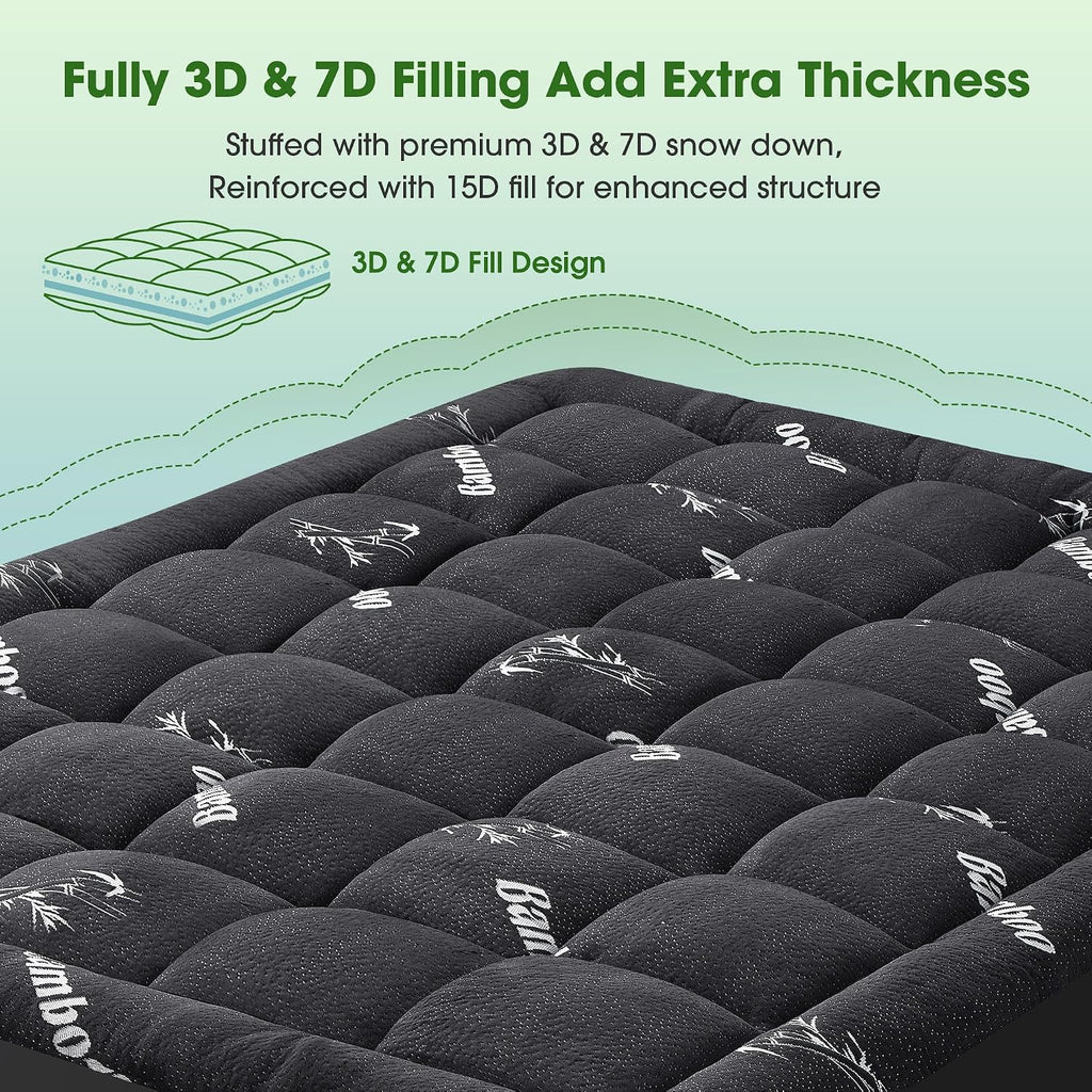Mattress Pad Queen Size, Cooling Pillow Top Mattress Topper, Ultra Soft Viscose from Bamboo, Breathable for Hot Sleepers, Deep Pocket 8"-20", Black