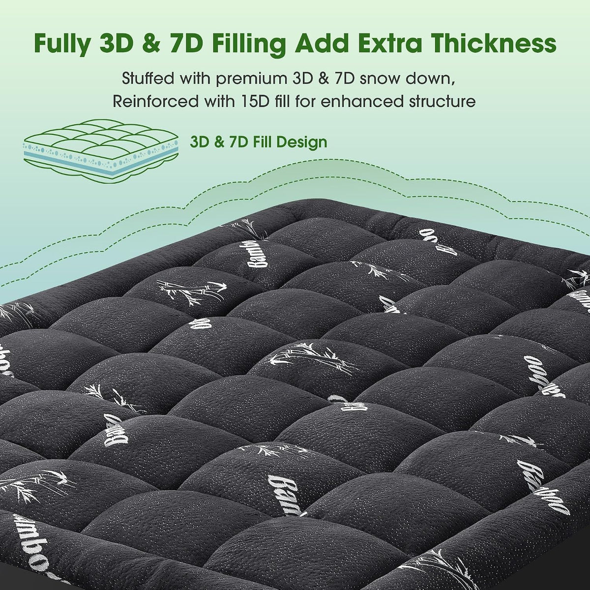 Mattress Pad Queen Size, Cooling Pillow Top Mattress Topper, Ultra Soft Viscose from Bamboo, Breathable for Hot Sleepers, Deep Pocket 8"-20", Black