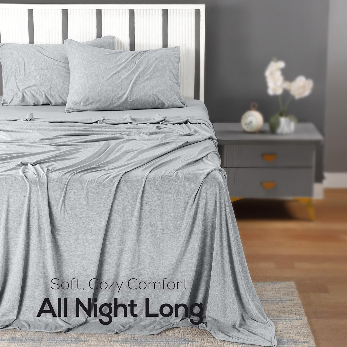 Jersey Knit Sheets 4 Piece, Cotton T-Shirt Feel, Queen, Heather Light Grey