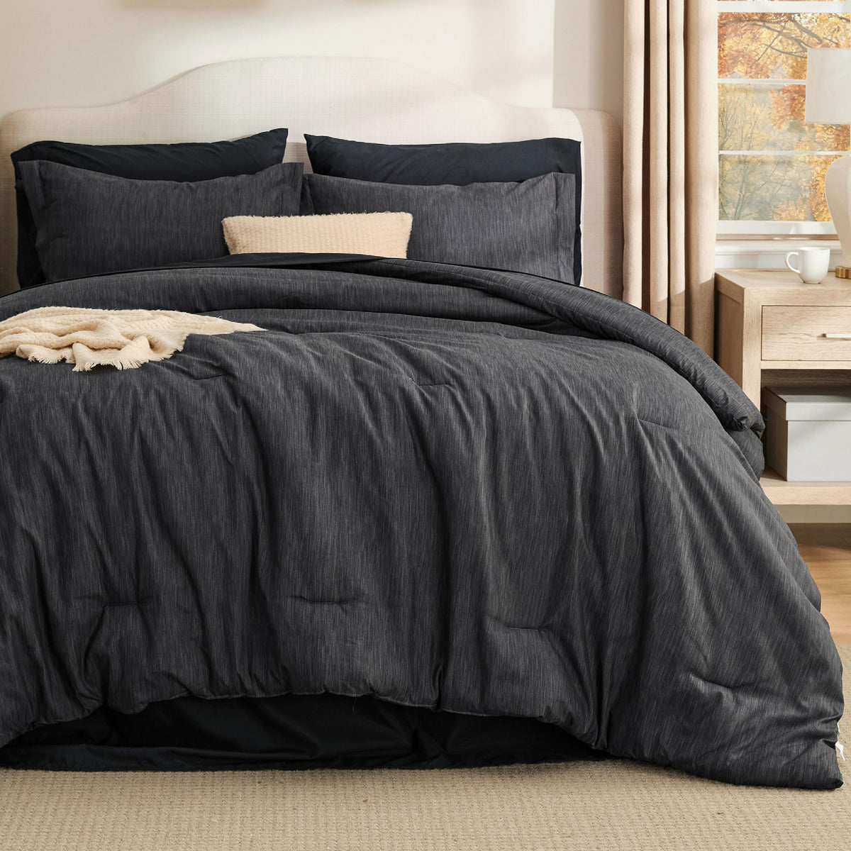Bedsure Queen Comforter Set Dark Grey - Bed in a Bag Queen Size 7 Pieces, Cationic Dyed Bed Set, Soft Bedding for All Seasons Comforter with Sheets, Pillowcases & Shams