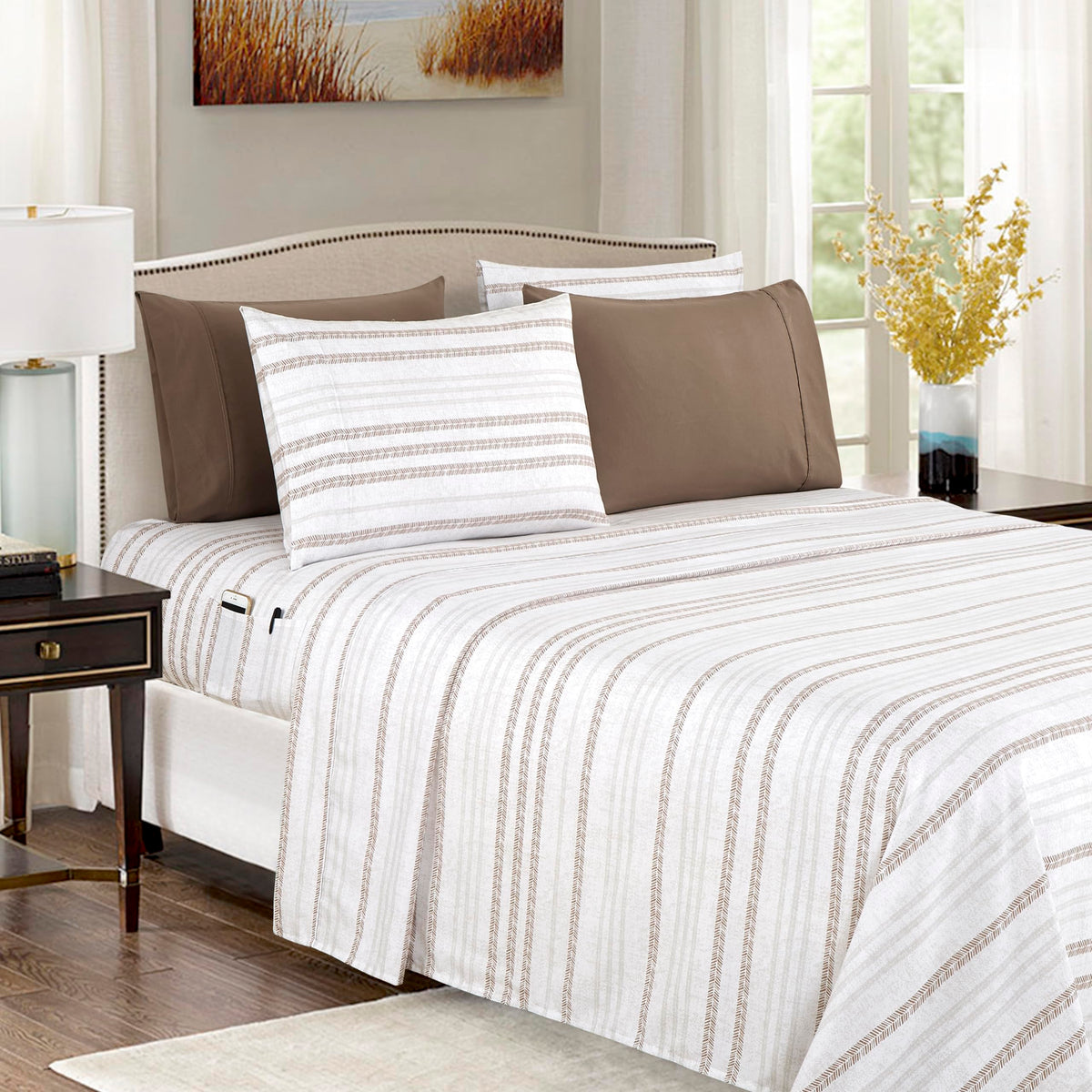 Elegant Comfort Softest and Coziest 6-Piece Sheet Set - 1500 Thread Count Egyptian Quality Luxurious Wrinkle Resistant 6-Piece Damask Stripe Bed Sheet Set, Queen, Camel/Gold