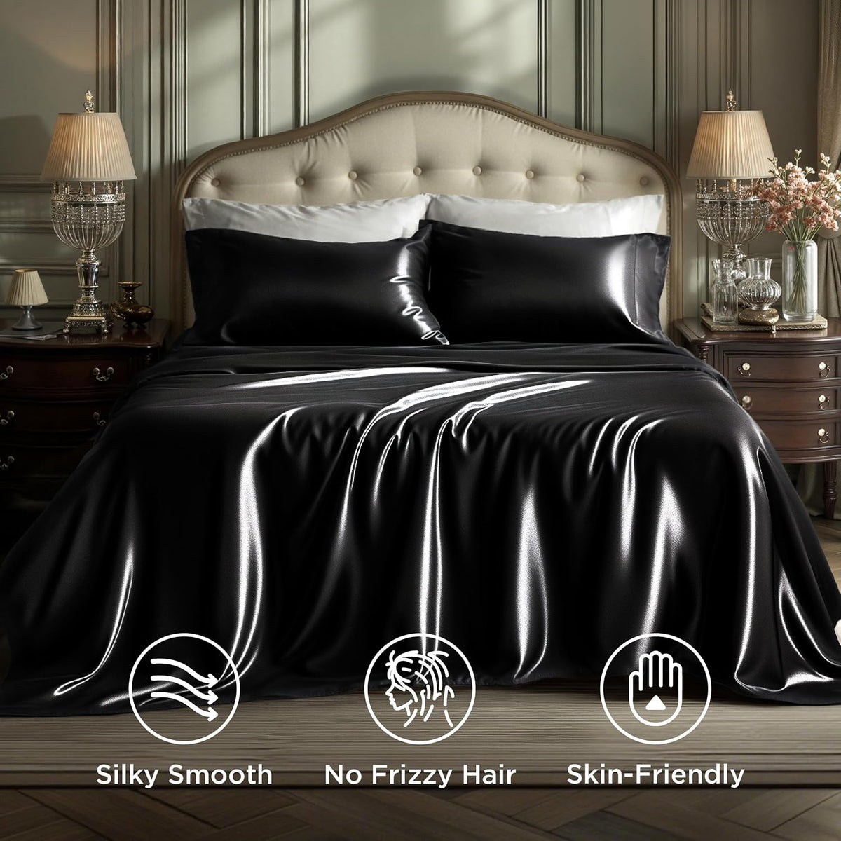 Bedsure Black Satin Sheets Queen Size, Soft Silky Bedsheet for Hair & Skin