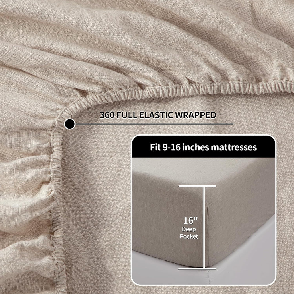 LBRO2M 100% French Pure Linen Sheet Set 4Pcs, 16" Deep Pocket Queen Size
