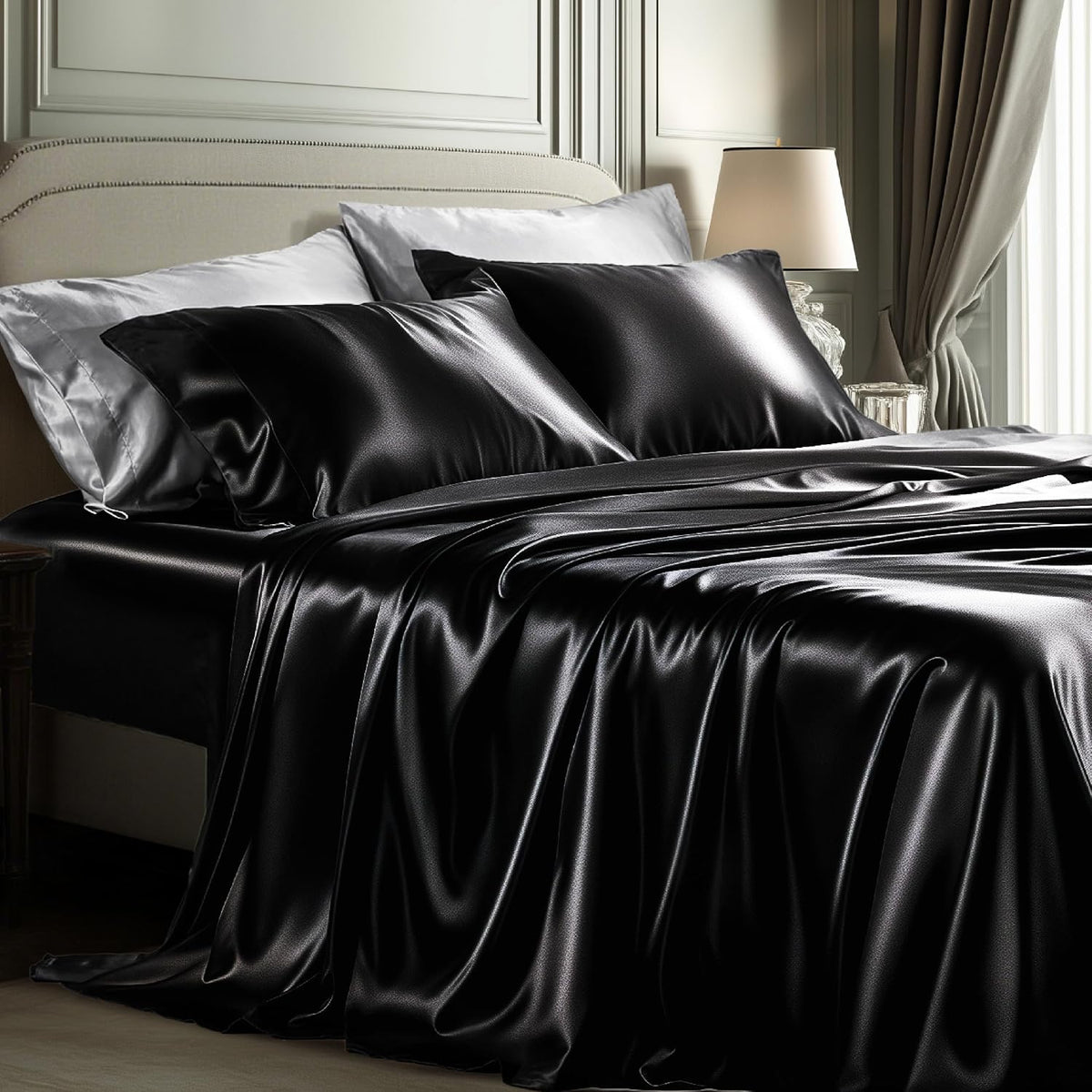 Bedsure Black Satin Sheets Queen Size, Soft Silky Bedsheet for Hair & Skin