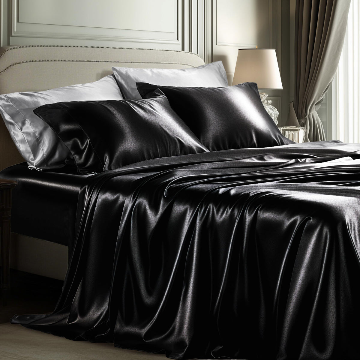 Bedsure Black Satin Sheets Queen Size, Soft Silky Bedsheet for Hair & Skin