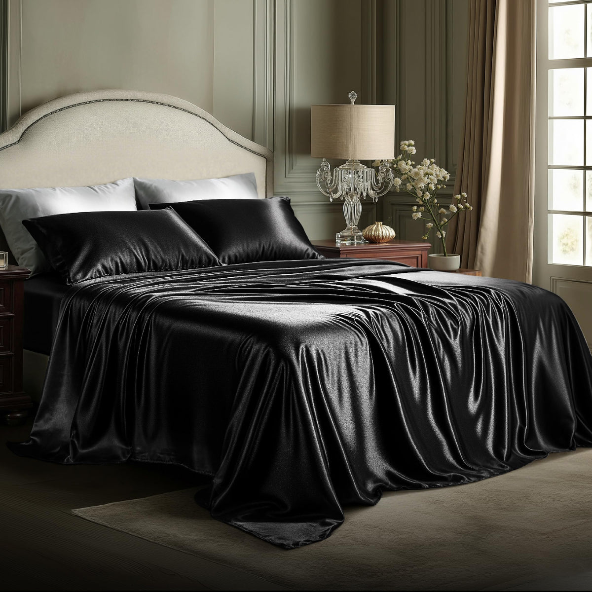 Bedsure Black Satin Sheets Queen Size, Soft Silky Bedsheet for Hair & Skin