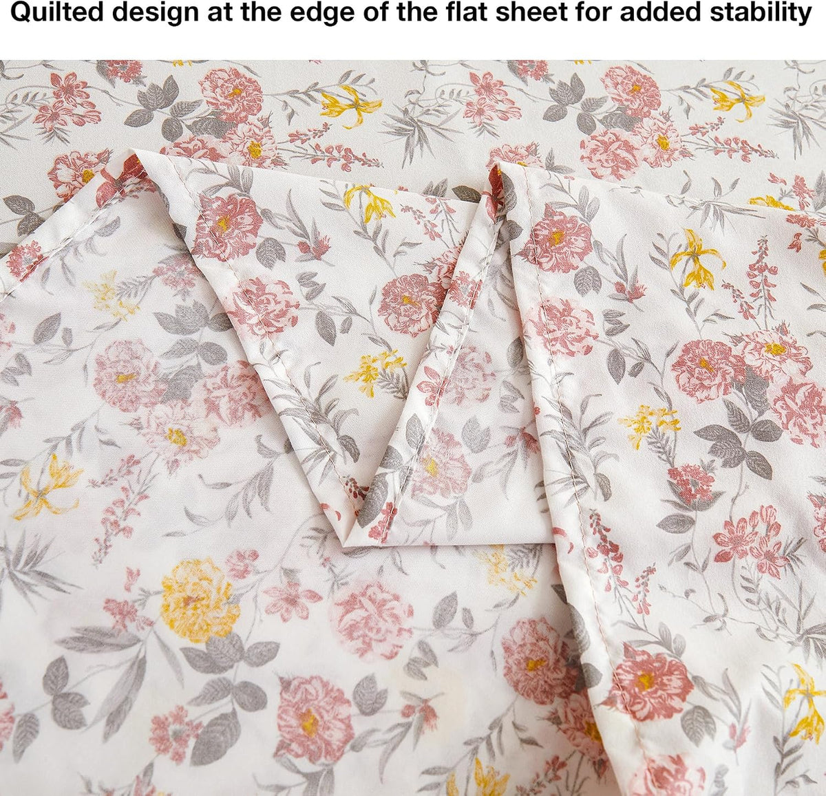 Viviland Floral Twin Sheet Set - 3 Piece Vintage Pink & Yellow Flower Patterned Bed Sheets - Soft, Breathable Microfiber Sheets with Deep Pocket, Non-Slip Fitted Sheets & Pillowcases