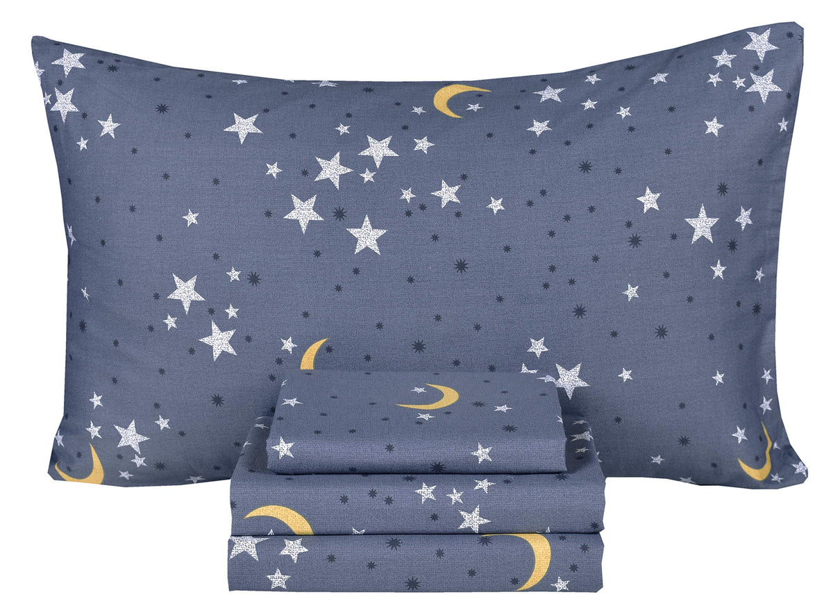 Scientific Sleep Moon & Stars Boys Girls 100% Cotton 3 Pcs Twin Bed Sheet Set Kids Toddler Teen, Flat Sheet & Fitted Sheet & Pillowcase Kids Bedding Set