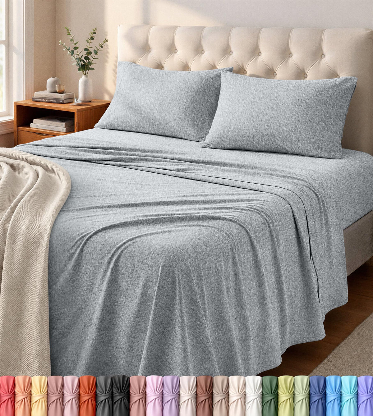 Jersey Knit Sheets 4 Piece, Cotton T-Shirt Feel, Queen, Heather Light Grey