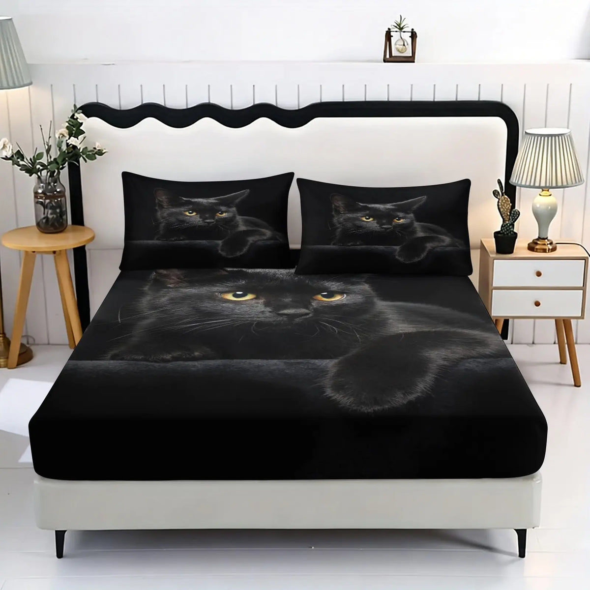 3PCS Black Cute Cat Pattern Printed Bed Sheet Three Piece Set (One Bed Sheet and Two Pillowcases) Bed Sheet Height 9.8 inches, 100% Polyester Material Machine Washable - Suitable for all seasons, ideal for bedroom and dormitory decoration