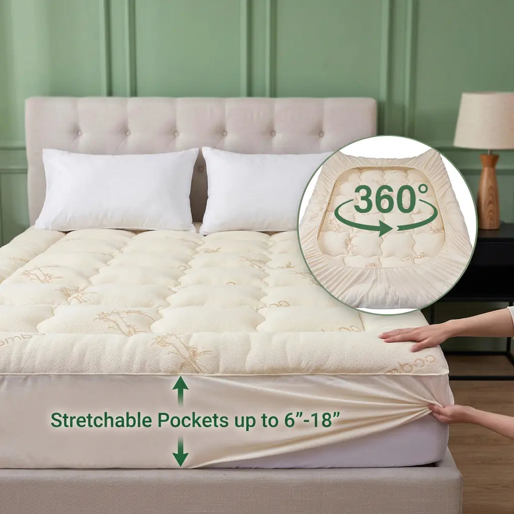 Bamboo Mattress Topper for Hot Sleepers – 360 ° Deep Pocket Fits 18" Bed, Premium Filling, Gently Enveloping Cloud Soft, Machine Washable summerwins summer cooling
