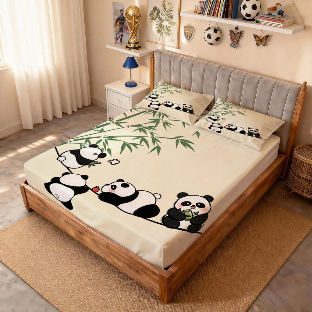 Panda Bamboo Fitted Sheet 3-Piece Set (1 Fitted Sheet + 2 Pillowcases), Cartoon Style Deep Pocket Fitted Sheet, Soft Breathable Microfiber Bedding, Bed Sheets, Bed Linens, for Teens’ Bedroom Decor, Ideal Birthday & Holiday Gifts