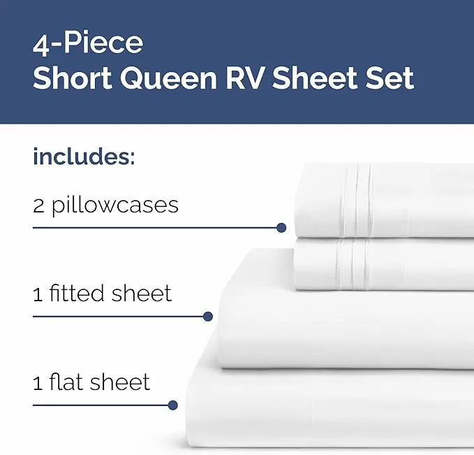 CGK | RV Sheet Set - (Short Queen) 60 X 75 - 4 Piece RV Queen Bed Sheets - Ultra Soft, Breathable & Cooling - Designed for Bunks, Trailers & Camper - Fits 8” to 12" Mattress - Hotel Luxury Bedding