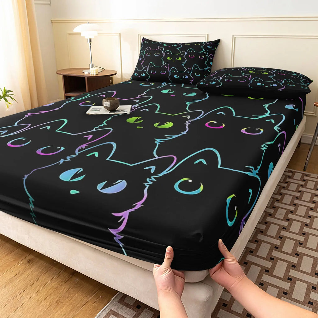 3 Pieces Black Outline Black Cat Fitted Sheet Set, Cute Kitten Pet Animal Print Bedding, Soft Microfiber Gothic  Bedding Decor for Teens Adults, Bedding Sets (1 Duvet Cover + 2 Pillowcases, No Comforter No Pillow)