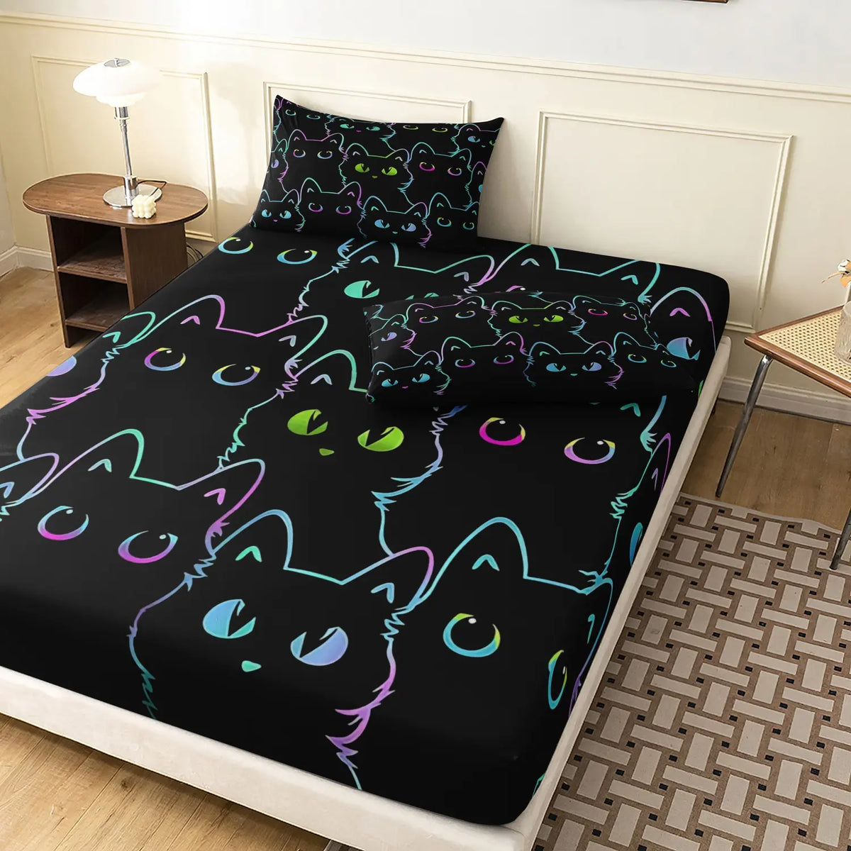 3 Pieces Black Outline Black Cat Fitted Sheet Set, Cute Kitten Pet Animal Print Bedding, Soft Microfiber Gothic  Bedding Decor for Teens Adults, Bedding Sets (1 Duvet Cover + 2 Pillowcases, No Comforter No Pillow)